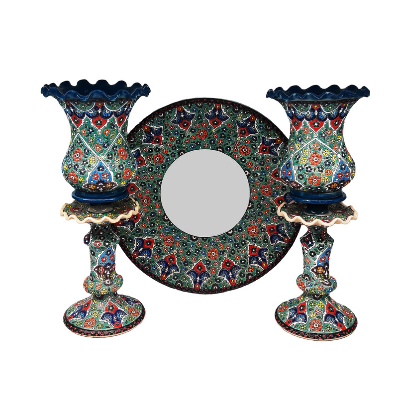 ست آینه و شمعدان میناکاری کد ۵۶ مجموعه ۳ عددی
